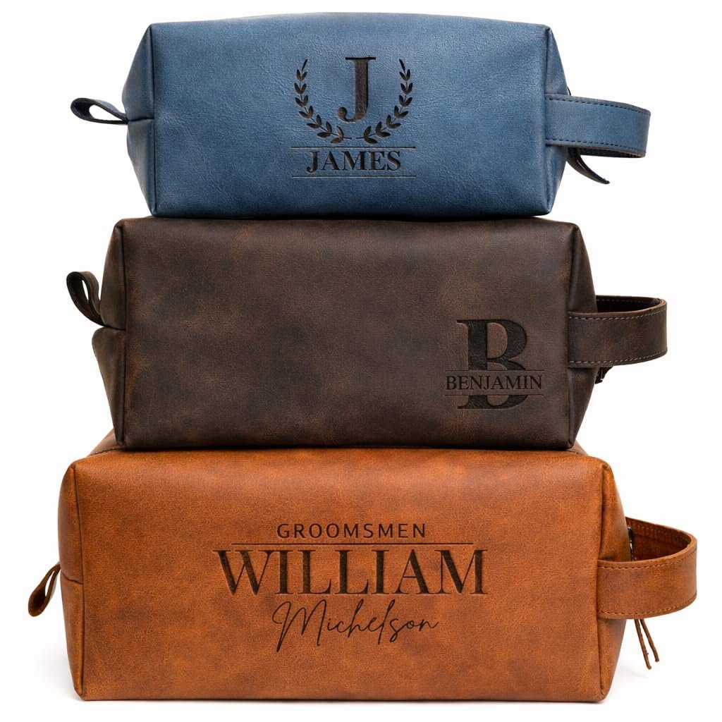 Personalized Handmade Genuine Leather Toiletry Bag - Custom Engraved Shaving Dopp Kit with Name or Initial - Travel Pouch for Men, Husband, Dad, Boyfriend - Groomsmen Gift Idea Avelisse
