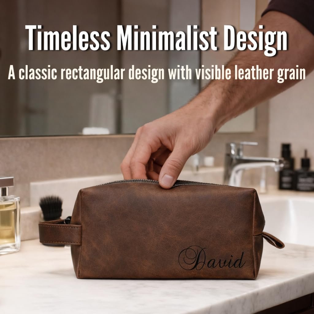 Personalized Handmade Genuine Leather Toiletry Bag - Custom Engraved Shaving Dopp Kit with Name or Initial - Travel Pouch for Men, Husband, Dad, Boyfriend - Groomsmen Gift Idea Avelisse