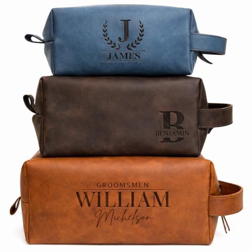 Personalized Handmade Genuine Leather Toiletry Bag - Custom Engraved Shaving Dopp Kit with Name or Initial - Travel Pouch for Men, Husband, Dad, Boyfriend - Groomsmen Gift Idea Avelisse