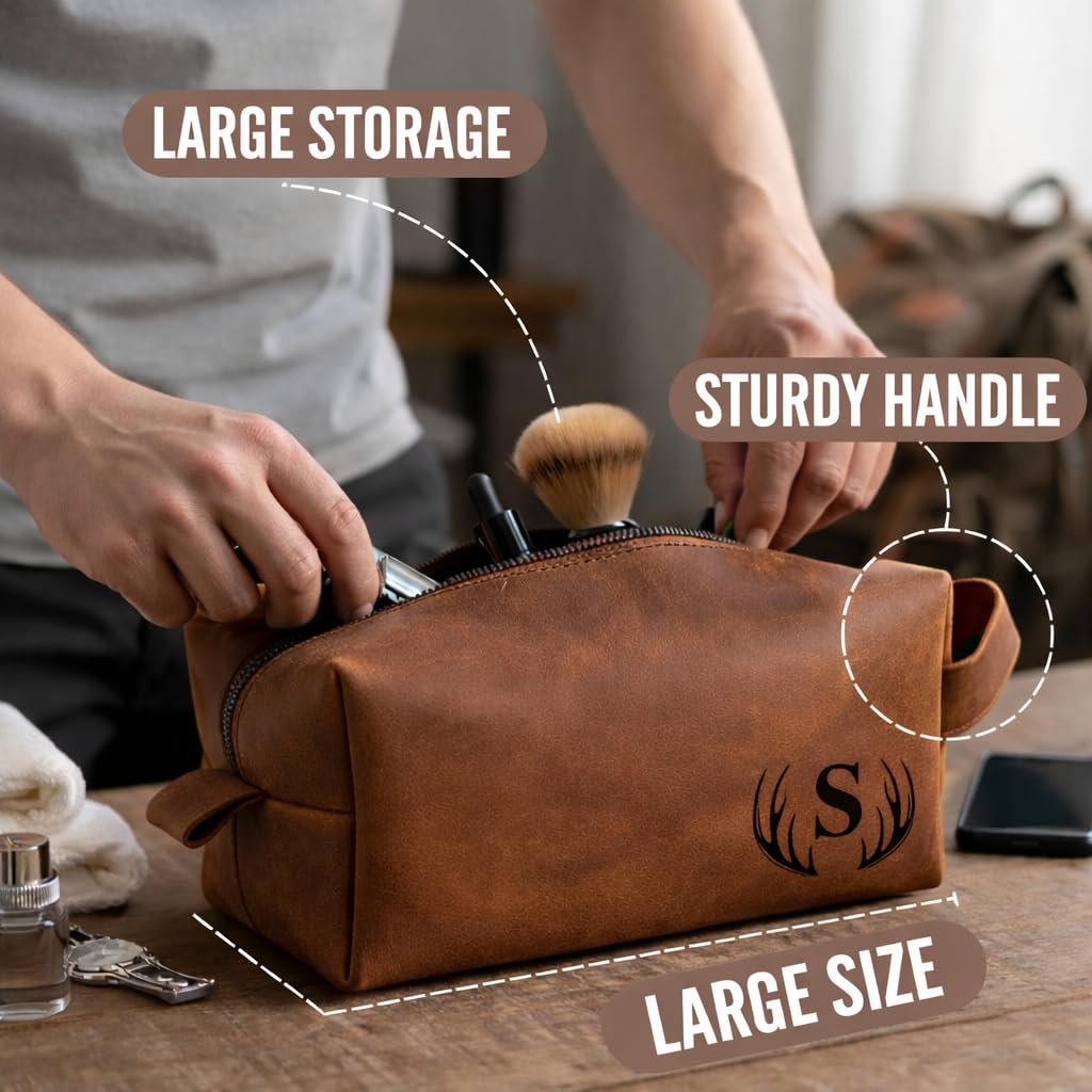 Personalized Handmade Genuine Leather Toiletry Bag - Custom Engraved Shaving Dopp Kit with Name or Initial - Travel Pouch for Men, Husband, Dad, Boyfriend - Groomsmen Gift Idea Avelisse
