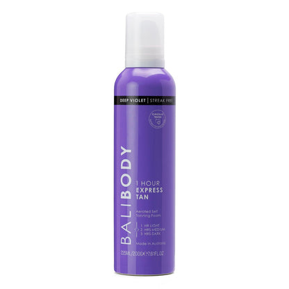 BALI BODY Deep Violet 1 Hour Express Self Tanner – Fast-Acting, Weightless Self Tanner for Natural Bronze – No-Transfer, Hydrating Quick Tan Mousse for Smooth, Radiant Skin Avelisse
