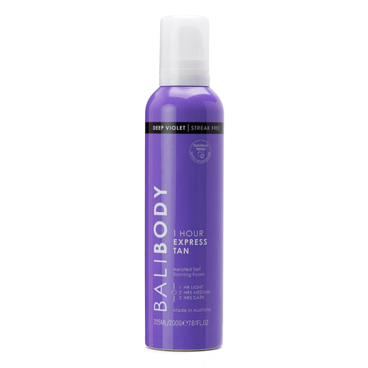 BALI BODY Deep Violet 1 Hour Express Self Tanner – Fast-Acting, Weightless Self Tanner for Natural Bronze – No-Transfer, Hydrating Quick Tan Mousse for Smooth, Radiant Skin Avelisse