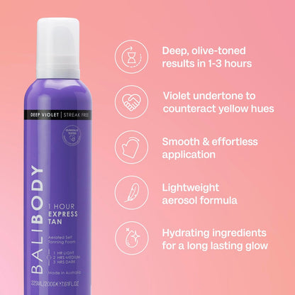 BALI BODY Deep Violet 1 Hour Express Self Tanner – Fast-Acting, Weightless Self Tanner for Natural Bronze – No-Transfer, Hydrating Quick Tan Mousse for Smooth, Radiant Skin Avelisse