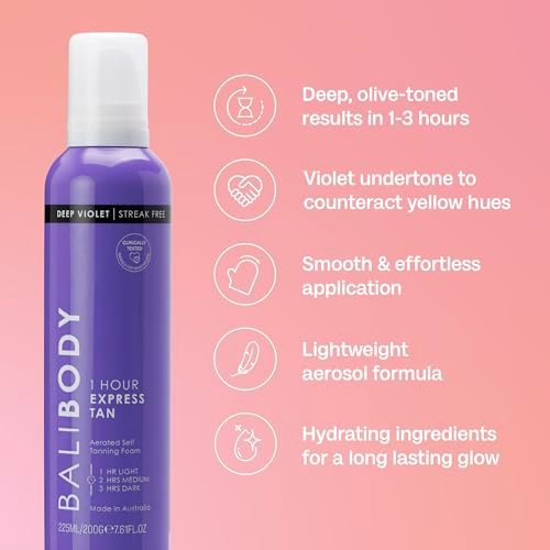 BALI BODY Deep Violet 1 Hour Express Self Tanner – Fast-Acting, Weightless Self Tanner for Natural Bronze – No-Transfer, Hydrating Quick Tan Mousse for Smooth, Radiant Skin Avelisse