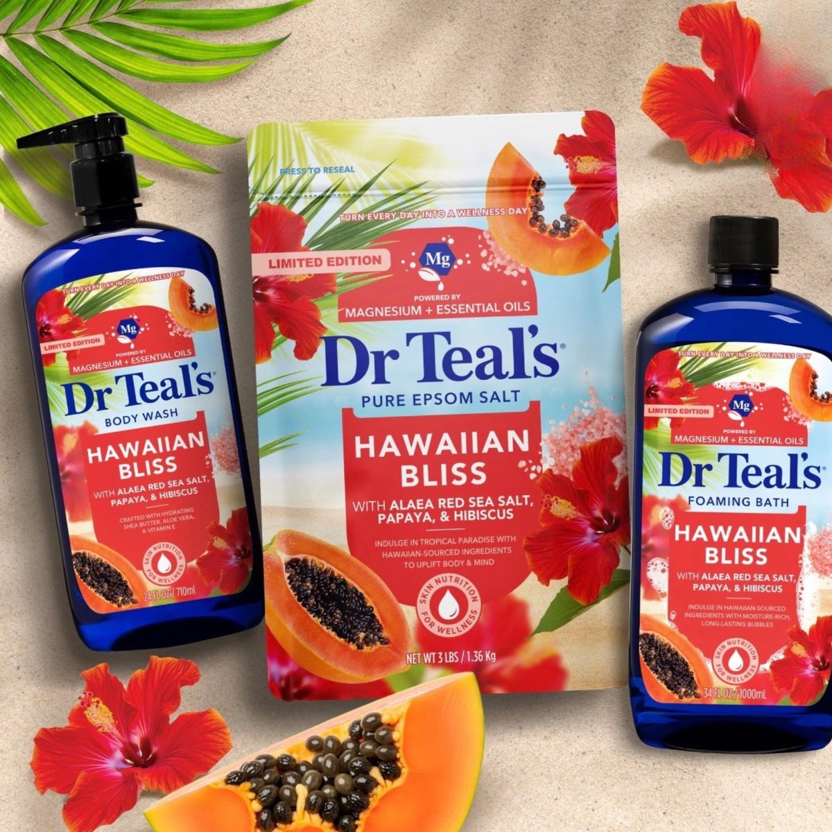 Dr Teal's Hawaiian Bliss Body Wash with Alaea Red Sea Salt, Papaya and Hibiscus, Magnesium and Essential Oils, 24 Fl Oz, 2 Pack Avelisse
