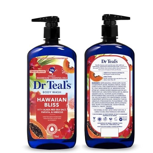 Dr Teal's Hawaiian Bliss Body Wash with Alaea Red Sea Salt, Papaya and Hibiscus, Magnesium and Essential Oils, 24 Fl Oz, 2 Pack Avelisse