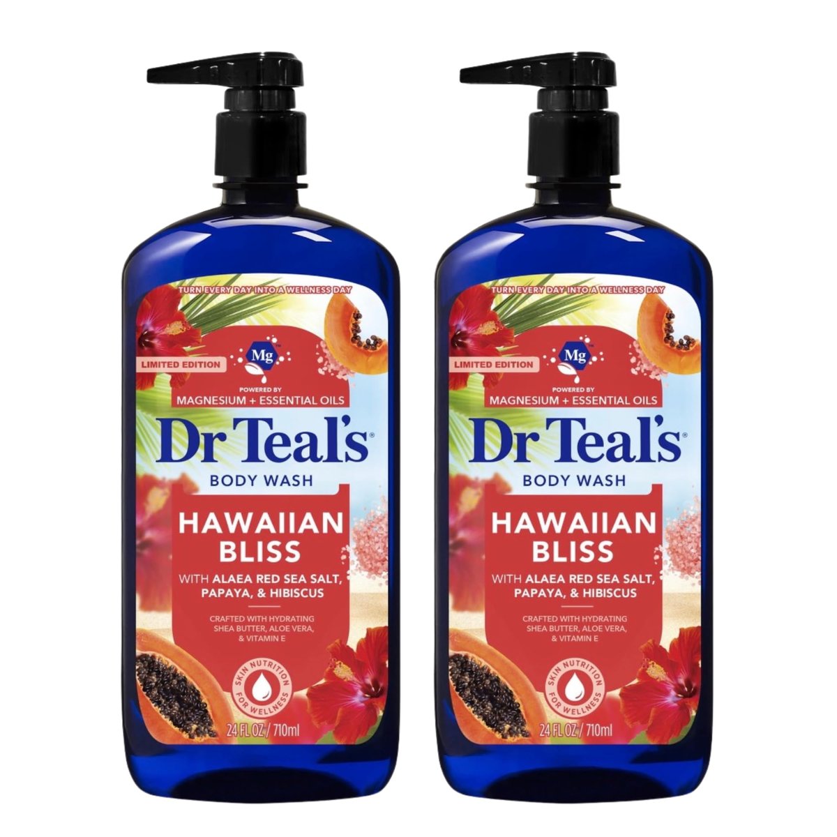 Dr Teal's Hawaiian Bliss Body Wash with Alaea Red Sea Salt, Papaya and Hibiscus, Magnesium and Essential Oils, 24 Fl Oz, 2 Pack Avelisse