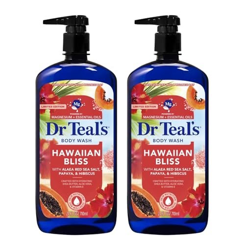 Dr Teal's Hawaiian Bliss Body Wash with Alaea Red Sea Salt, Papaya and Hibiscus, Magnesium and Essential Oils, 24 Fl Oz, 2 Pack Avelisse