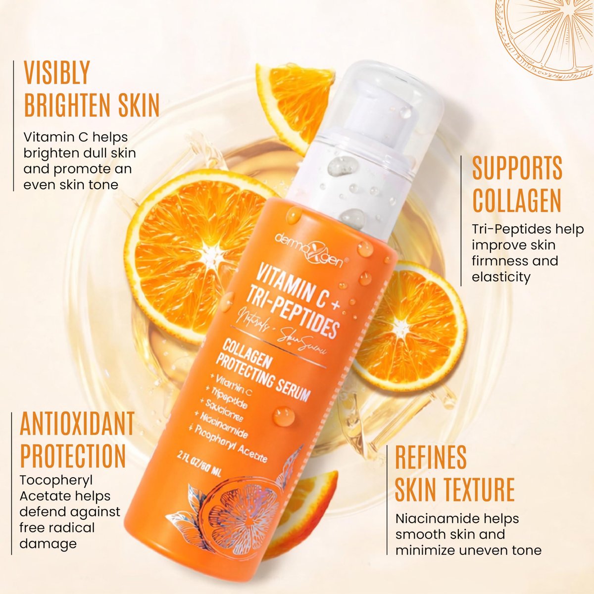Dermaxgen Vitamin C + Tri-Peptide Bright Idea Serum – Skin Brightening & Anti-Aging Face Serum for Radiant, Firm Skin, Boosts Collagen & Elasticity, 2 fl oz Avelisse