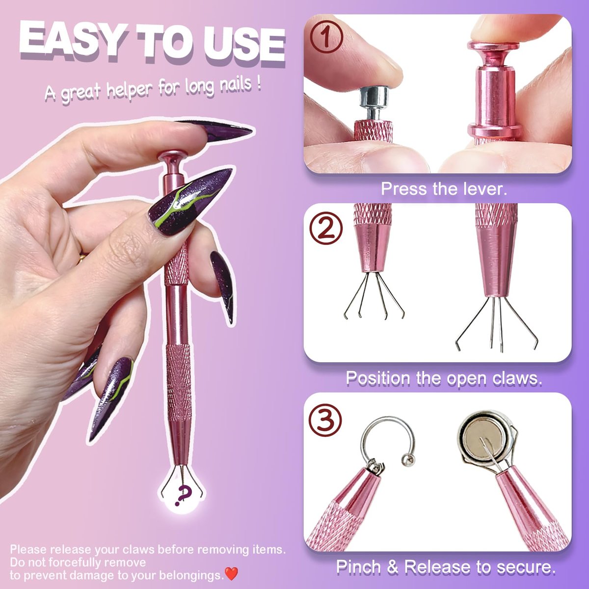 VHIPKUA 2 Pcs Piercing Changing Tools - 4-Claw Grabber & Ball Holder for Flat Back Earrings, Nose Rings, and Lip Rings - Secure Pick Up Tool for Body Jewelry (Pink) - görsel 7