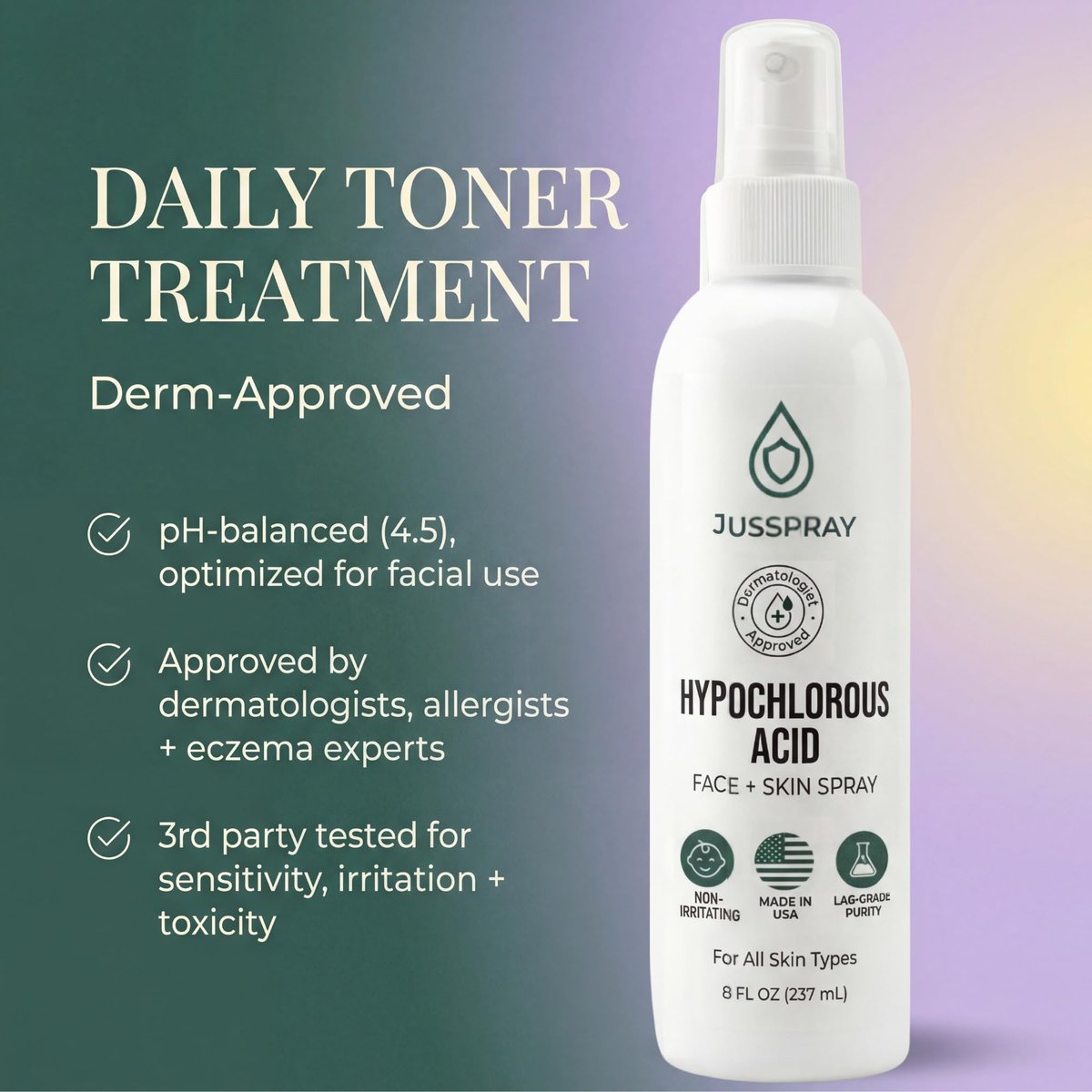 Jusspray Hypochlorous Acid Spray for Face and Skin – HOCI Facial Cleanser Mist – 32oz Refill for Acne, Eczema, Body Acne, Piercing Aftercare, Wound Solution Avelisse