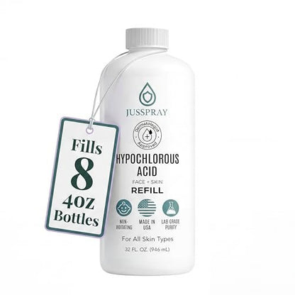 Jusspray Hypochlorous Acid Spray for Face and Skin – HOCI Facial Cleanser Mist – 32oz Refill for Acne, Eczema, Body Acne, Piercing Aftercare, Wound Solution Avelisse