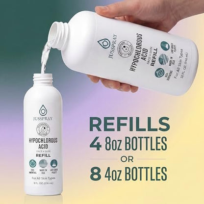 Jusspray Hypochlorous Acid Spray for Face and Skin – HOCI Facial Cleanser Mist – 32oz Refill for Acne, Eczema, Body Acne, Piercing Aftercare, Wound Solution Avelisse