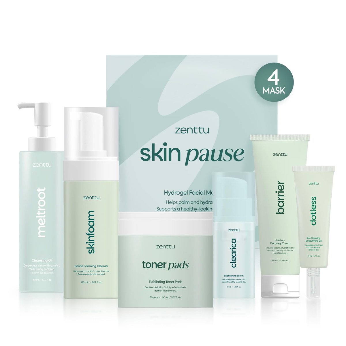 ZENTTU Korean Skin Care Kit Zen Balance - 6 Step AM/PM Routine for Sensitive & Oily Skin with 4 Hydrogel Masks and Targeted Spot Treatment Avelisse