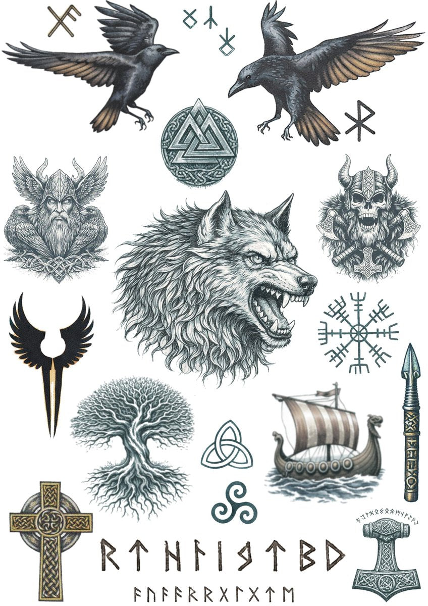 Viking Temporary Tattoo Set – Large Chest & Armband Warrior Tattoos – Realistic Norse Wolf, Odin & Rune Designs – Viking Cosplay Costume Fancy Dress Body Art (2x A4 Sheets) Faded under-the-skin fx - görsel 3