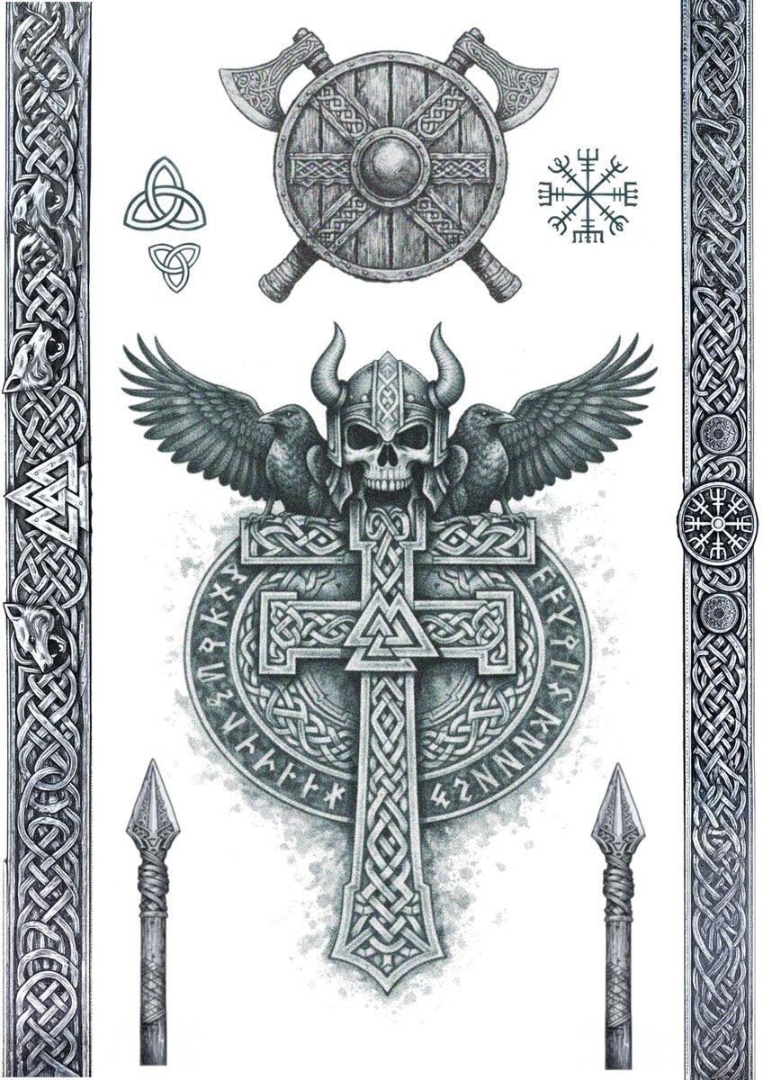Viking Temporary Tattoo Set – Large Chest & Armband Warrior Tattoos – Realistic Norse Wolf, Odin & Rune Designs – Viking Cosplay Costume Fancy Dress Body Art (2x A4 Sheets) Faded under-the-skin fx - görsel 5