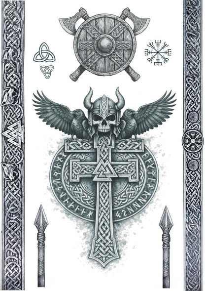 Viking Temporary Tattoo Set – Large Chest & Armband Warrior Tattoos – Realistic Norse Wolf, Odin & Rune Designs – Viking Cosplay Costume Fancy Dress Body Art (2x A4 Sheets) Faded under-the-skin fx
