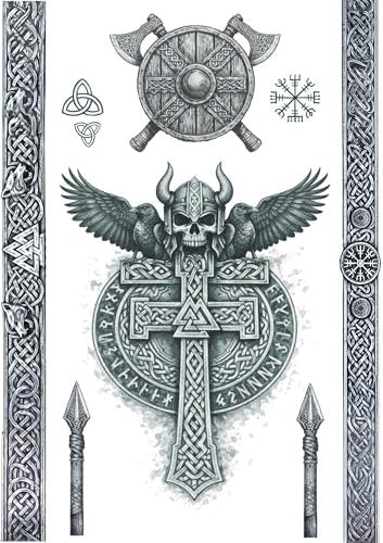 Viking Temporary Tattoo Set – Large Chest & Armband Warrior Tattoos – Realistic Norse Wolf, Odin & Rune Designs – Viking Cosplay Costume Fancy Dress Body Art (2x A4 Sheets) Faded under-the-skin fx