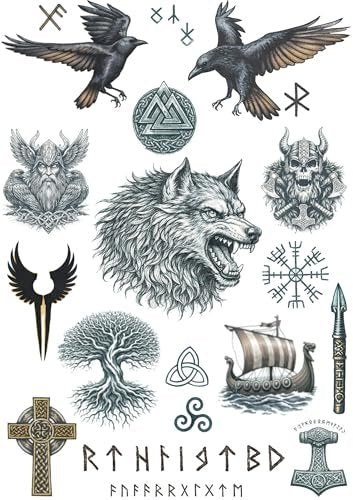 Viking Temporary Tattoo Set – Large Chest & Armband Warrior Tattoos – Realistic Norse Wolf, Odin & Rune Designs – Viking Cosplay Costume Fancy Dress Body Art (2x A4 Sheets) Faded under-the-skin fx - görsel 4