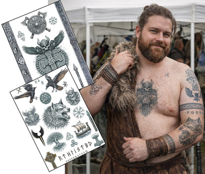 Viking Temporary Tattoo Set – Large Chest & Armband Warrior Tattoos – Realistic Norse Wolf, Odin & Rune Designs – Viking Cosplay Costume Fancy Dress Body Art (2x A4 Sheets) Faded under-the-skin fx