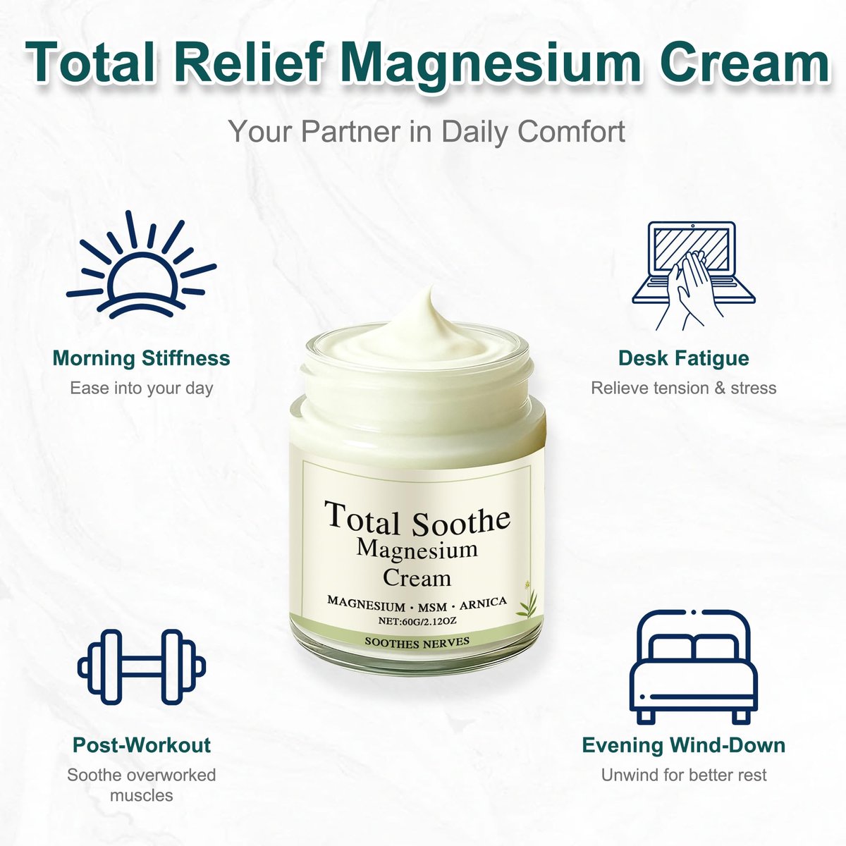 Total Relief Magnesium Cream with Arnica, MSM & Mineral Delivery Formula - Fast-Absorbing, Non-Greasy Joint & Muscle Comfort (2.12 oz) Avelisse