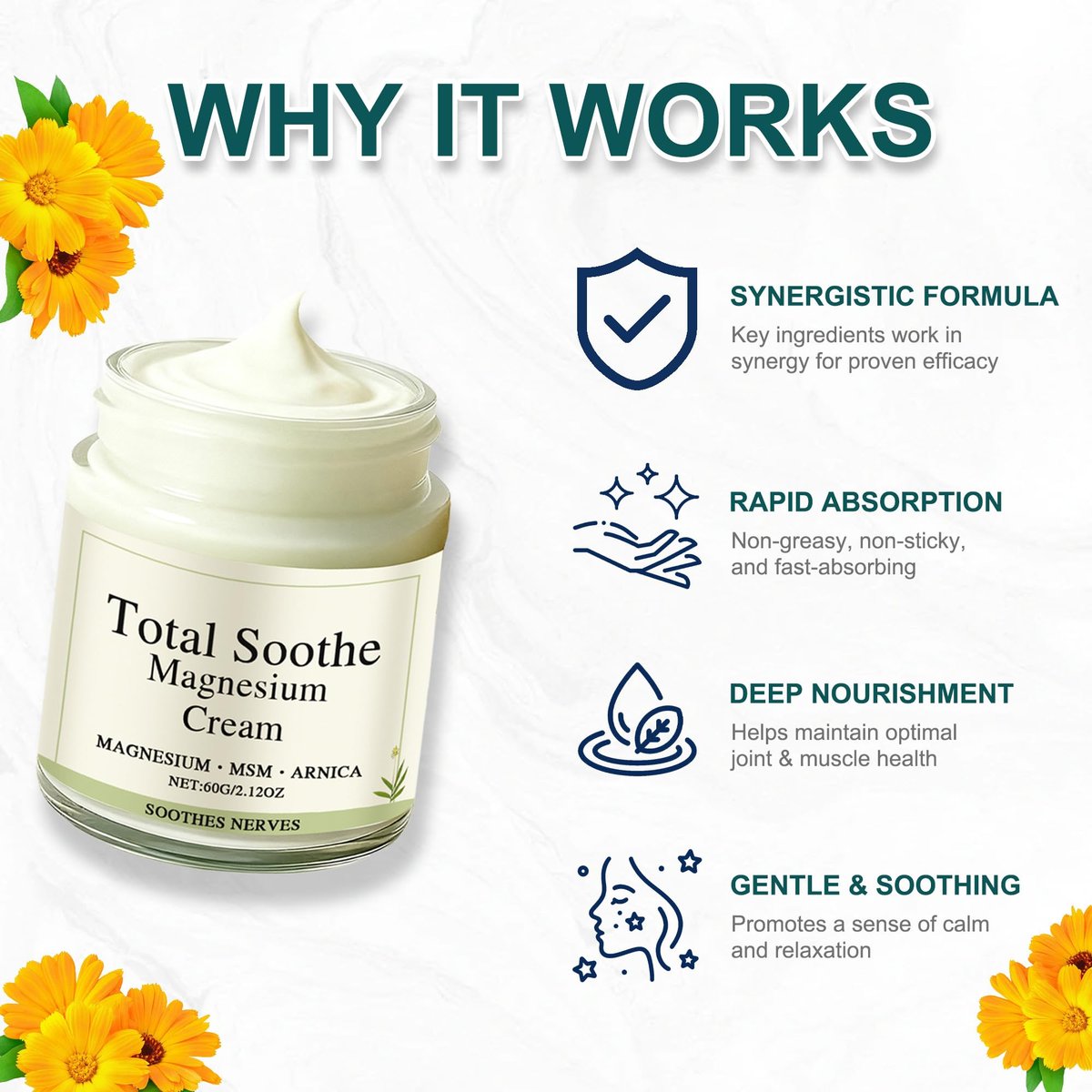 Total Relief Magnesium Cream with Arnica, MSM & Mineral Delivery Formula - Fast-Absorbing, Non-Greasy Joint & Muscle Comfort (2.12 oz) Avelisse