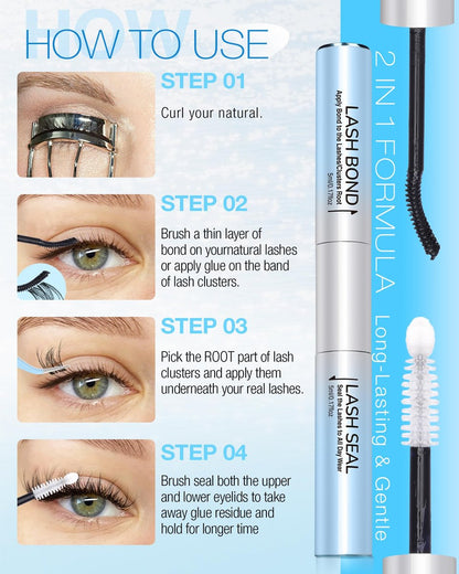 Delyneph 2-in-1 Waterproof Lash Bond and Seal for Eyelash Clusters - Long-Lasting 72H Adhesive, Latex-Free (5ml+5ml)