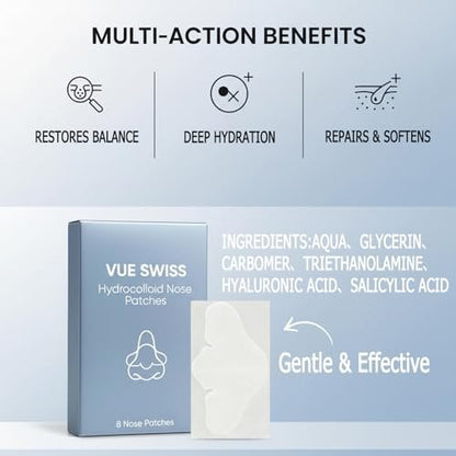 Vue Swiss Nose Patches - Hydrocolloid Nose Strips for Blackheads & Pimples, Large 8 Count Avelisse