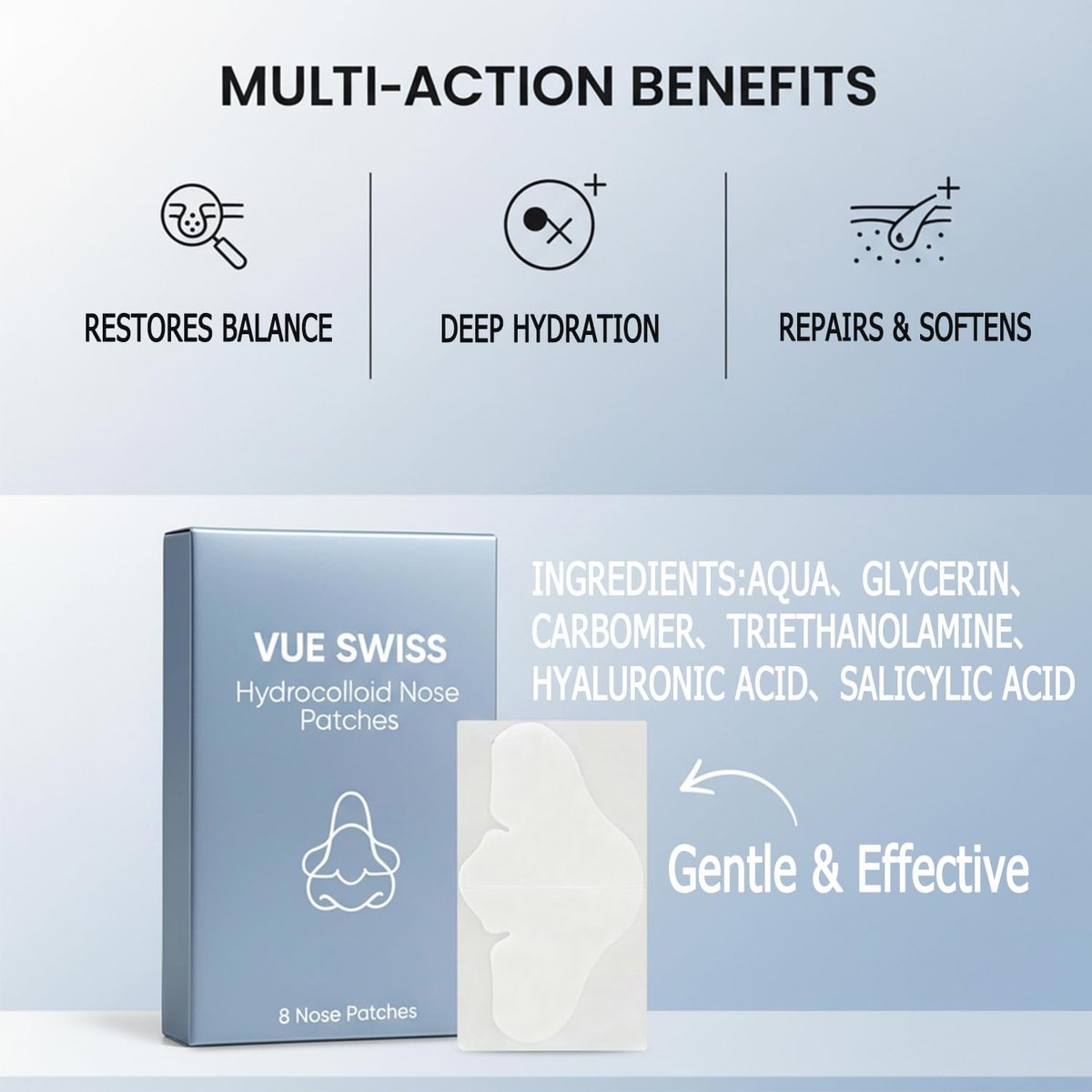 Vue Swiss Nose Patches - Hydrocolloid Nose Strips for Blackheads & Pimples, Large 8 Count Avelisse