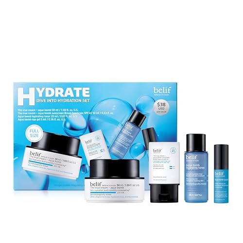 Belif Aqua Bomb Dive Into Hydration Set - Korean Skin Care Value Set with Aqua Bomb, SPF 45, Hydrating Toner & Eye Serum Avelisse