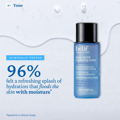Belif Aqua Bomb Dive Into Hydration Set - Korean Skin Care Value Set with Aqua Bomb, SPF 45, Hydrating Toner & Eye Serum Avelisse