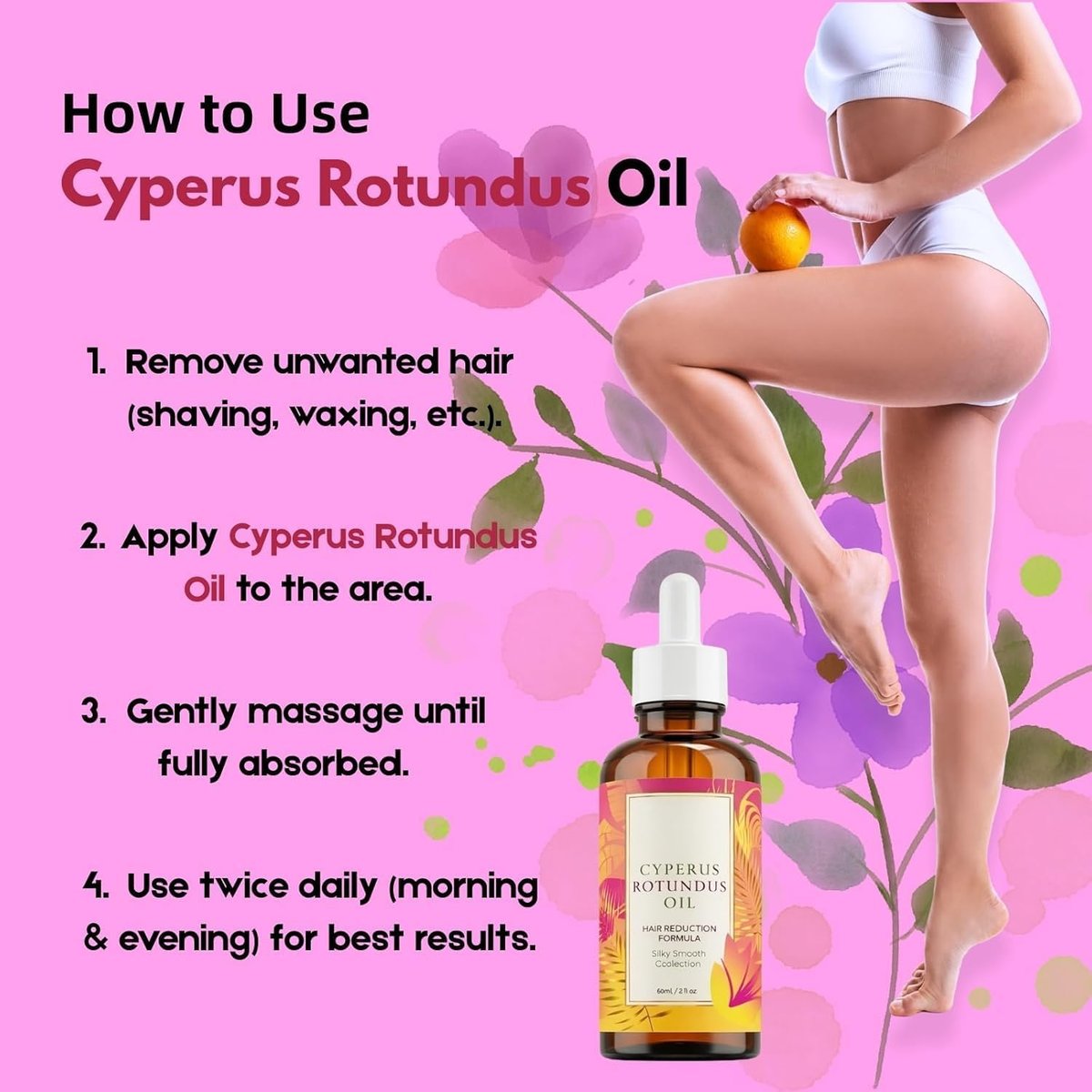 Cyperus Rotundus Oil - 60ml Natural Oil for Hair Removal, Moisturizing & Soothing, Reduces Body Hair Growth, All Skin Types Avelisse
