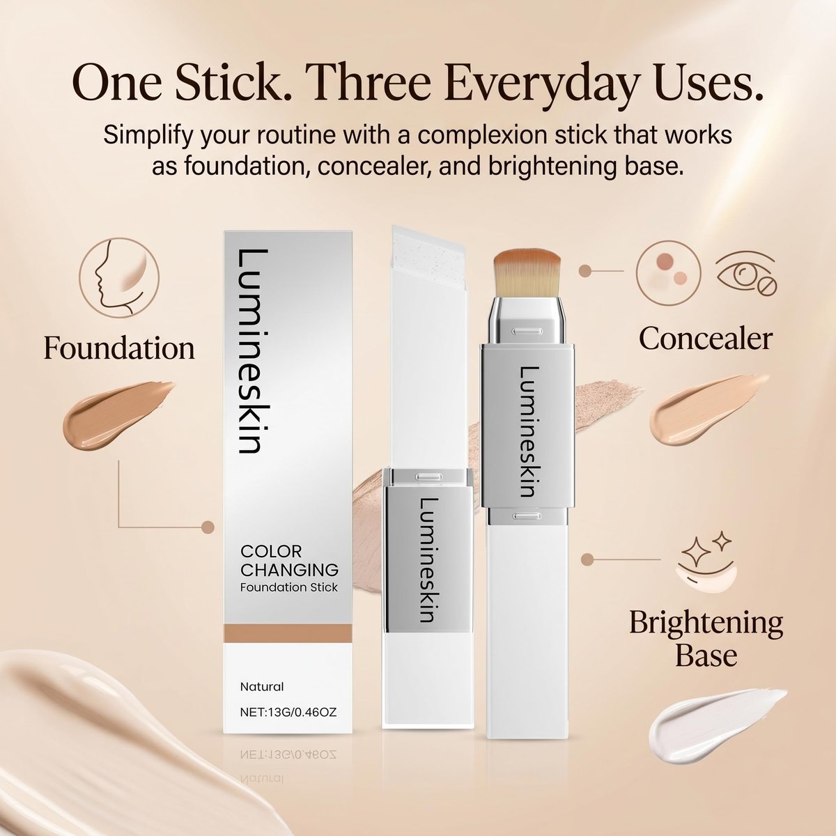 Lumineskin Color Changing Foundation Stick - Hydrating Concealer Base Makeup with Built-In Brush, Natural Shade Avelisse