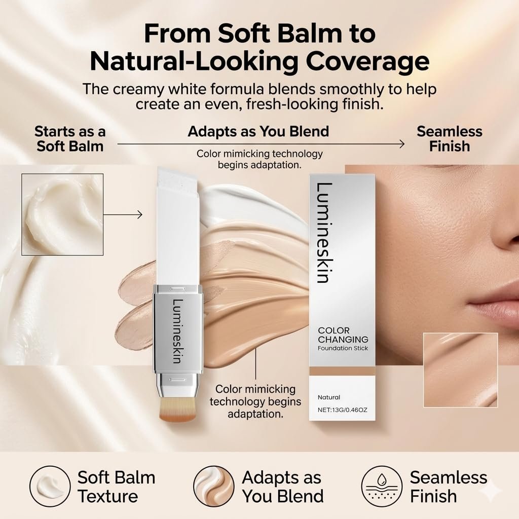 Lumineskin Color Changing Foundation Stick - Hydrating Concealer Base Makeup with Built-In Brush, Natural Shade Avelisse