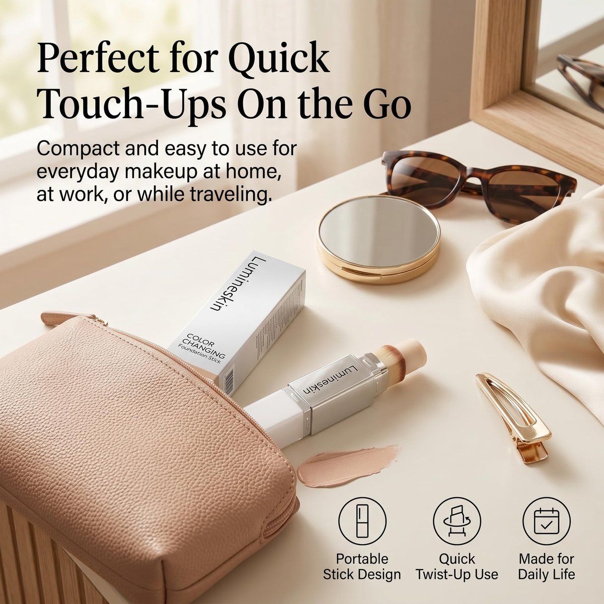 Lumineskin Color Changing Foundation Stick - Hydrating Concealer Base Makeup with Built-In Brush, Natural Shade Avelisse