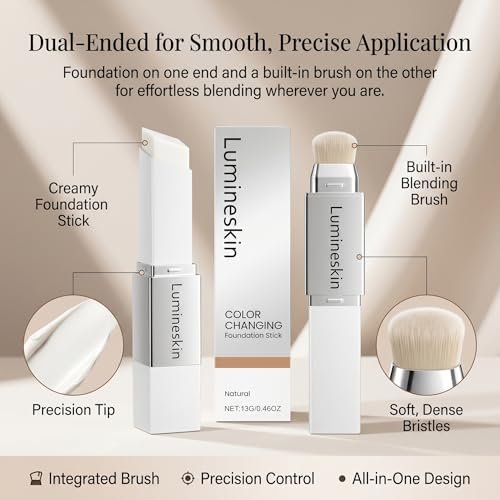 Lumineskin Color Changing Foundation Stick - Hydrating Concealer Base Makeup with Built-In Brush, Natural Shade Avelisse