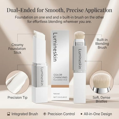 Lumineskin Color Changing Foundation Stick - Hydrating Concealer Base Makeup with Built-In Brush, Natural Shade Avelisse