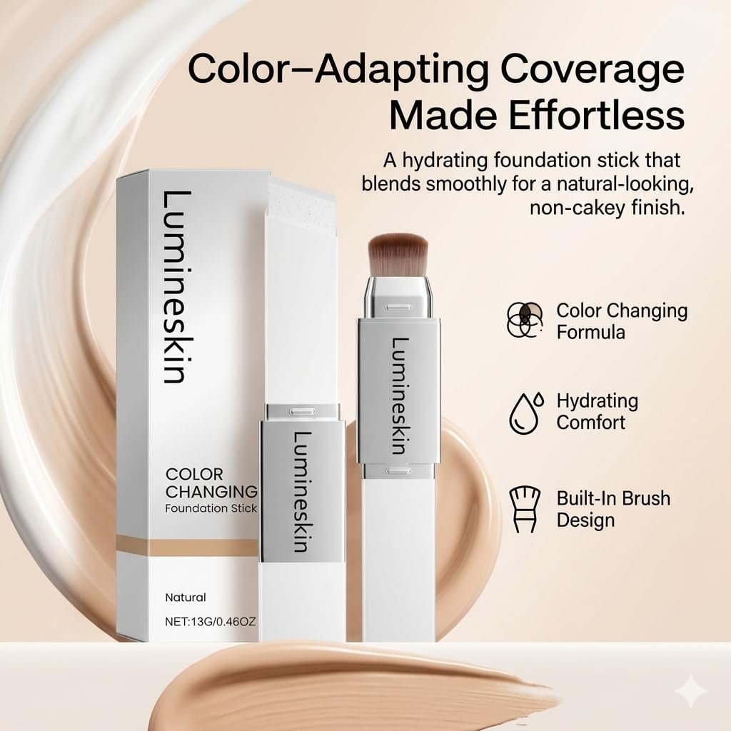 Lumineskin Color Changing Foundation Stick - Hydrating Concealer Base Makeup with Built-In Brush, Natural Shade Avelisse