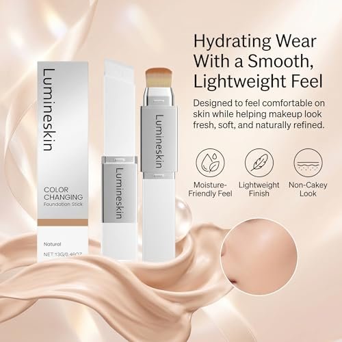 Lumineskin Color Changing Foundation Stick - Hydrating Concealer Base Makeup with Built-In Brush, Natural Shade Avelisse