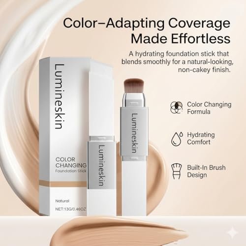 Lumineskin Color Changing Foundation Stick - Hydrating Concealer Base Makeup with Built-In Brush, Natural Shade Avelisse
