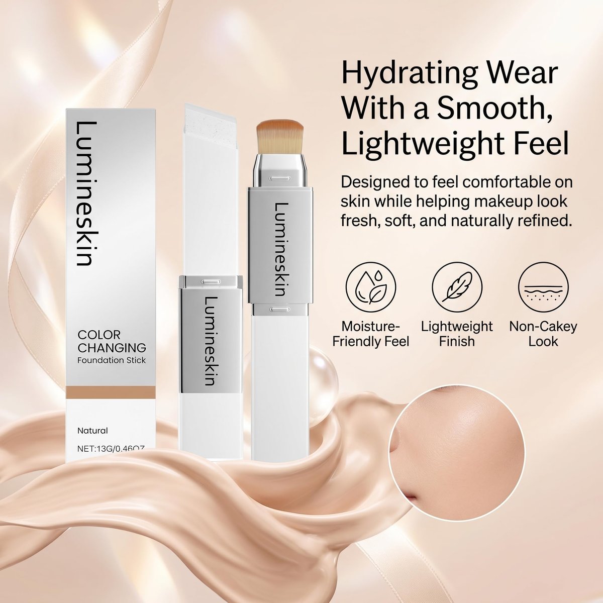 Lumineskin Color Changing Foundation Stick - Hydrating Concealer Base Makeup with Built-In Brush, Natural Shade Avelisse