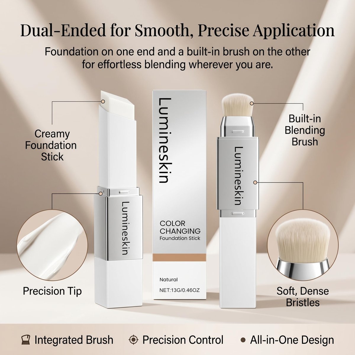 Lumineskin Color Changing Foundation Stick - Hydrating Concealer Base Makeup with Built-In Brush, Natural Shade Avelisse