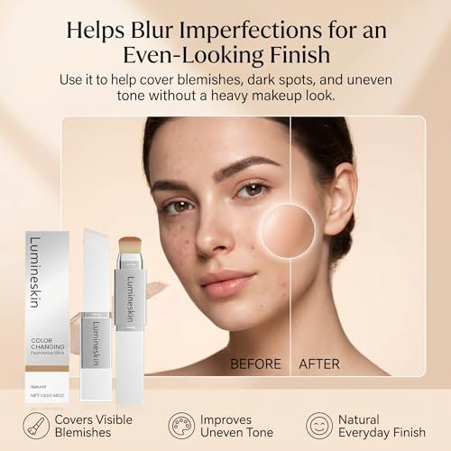 Lumineskin Color Changing Foundation Stick - Hydrating Concealer Base Makeup with Built-In Brush, Natural Shade Avelisse