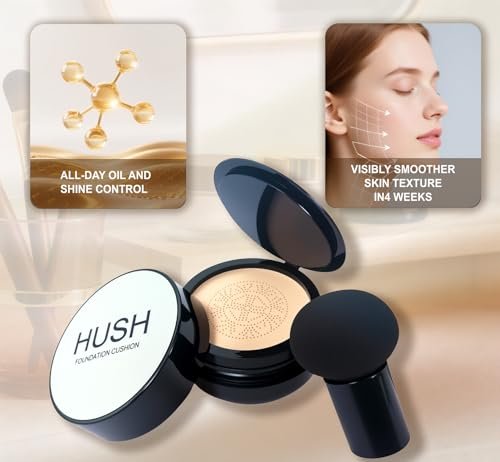 Hush Makeup Foundation - Glow Foundation for Older Women – Korean Warm Tone CC Mushroom Air Glow Foundation, Full Coverage Long-Lasting BB Cream Cushion Foundation, Natural Radiant Finish (Natural Color, 1 Fl Oz) Avelisse