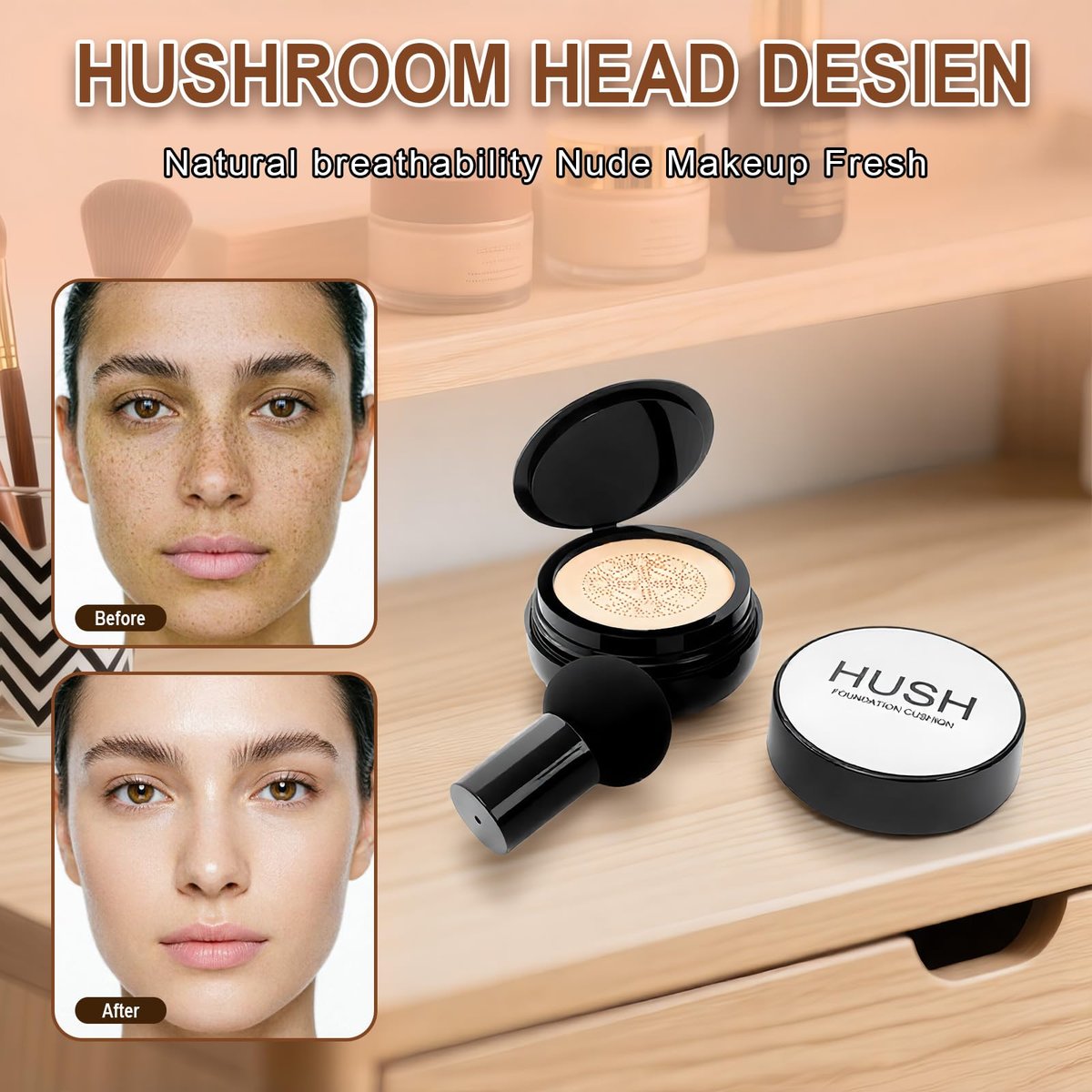 Hush Makeup Foundation - Glow Foundation for Older Women – Korean Warm Tone CC Mushroom Air Glow Foundation, Full Coverage Long-Lasting BB Cream Cushion Foundation, Natural Radiant Finish (Natural Color, 1 Fl Oz) Avelisse