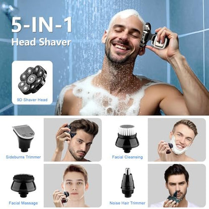 9D Head Shavers for Bald Men - 5-in-1 Electric Razor with Nose Trimmer, Massager, LED Display, Cordless Rechargeable Wet/Dry Grooming Kit, Gift for Husband Dad (Silver) Avelisse