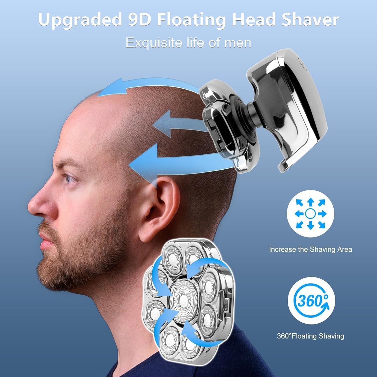 9D Head Shavers for Bald Men - 5-in-1 Electric Razor with Nose Trimmer, Massager, LED Display, Cordless Rechargeable Wet/Dry Grooming Kit, Gift for Husband Dad (Silver) Avelisse