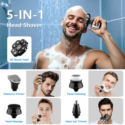 9D Head Shavers for Bald Men - 5-in-1 Electric Razor with Nose Trimmer, Massager, LED Display, Cordless Rechargeable Wet/Dry Grooming Kit, Gift for Husband Dad (Silver) Avelisse