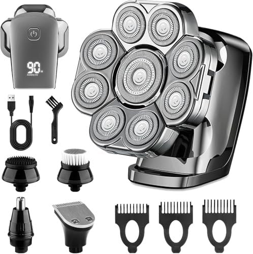9D Head Shavers for Bald Men - 5-in-1 Electric Razor with Nose Trimmer, Massager, LED Display, Cordless Rechargeable Wet/Dry Grooming Kit, Gift for Husband Dad (Silver) Avelisse