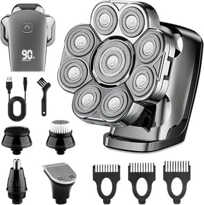 9D Head Shavers for Bald Men - 5-in-1 Electric Razor with Nose Trimmer, Massager, LED Display, Cordless Rechargeable Wet/Dry Grooming Kit, Gift for Husband Dad (Silver) Avelisse